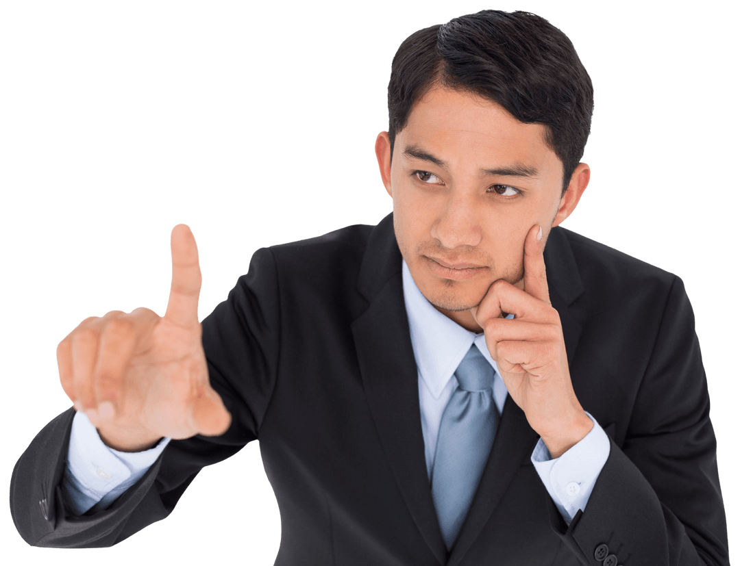 Biracial Businessman Touching Invisible Surface on Transparent Background