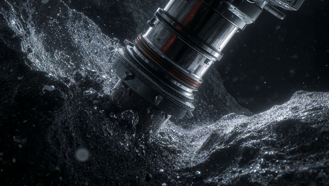 Asteroid Drill Probe Penetrating Metallic Regolith, Close-Up Space Mining Concept