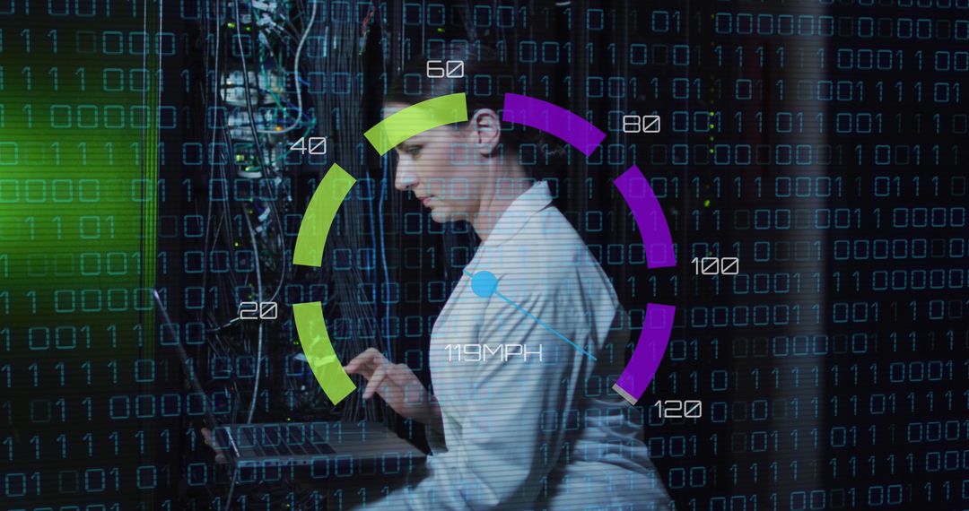 Technician analyzing server performance in data center