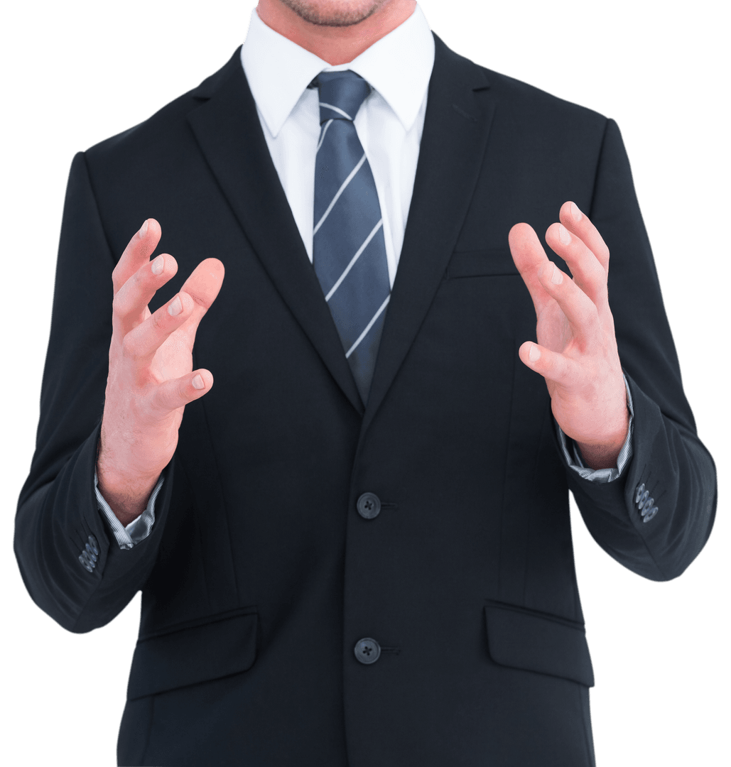 Close-up of Businessman Gesturing with Hands on Transparent Background