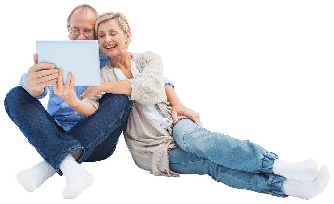 Senior Couple Relaxing With Tablet on Transparent Background