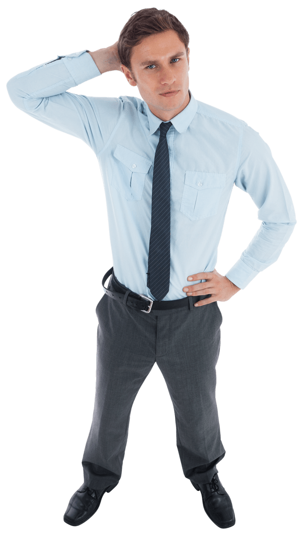 Transparent Thoughtful Businessman with Hand on Head in Suit
