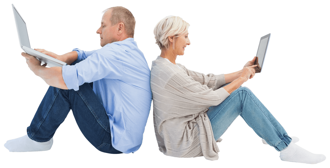 Transparent Mature Couple Using Laptop and Tablet Together Back-to-Back