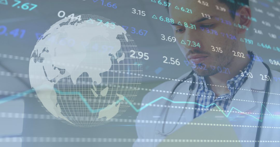 Doctor Analyzing Financial Data with Global Financial Trends Overlay