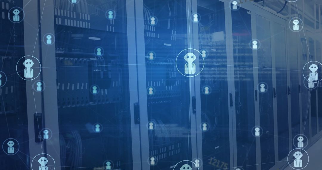 Network of Chatbot Icons in Advanced Server Room Environment