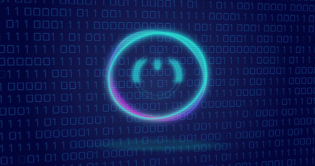 Neon Power Symbol Over Binary Code Background