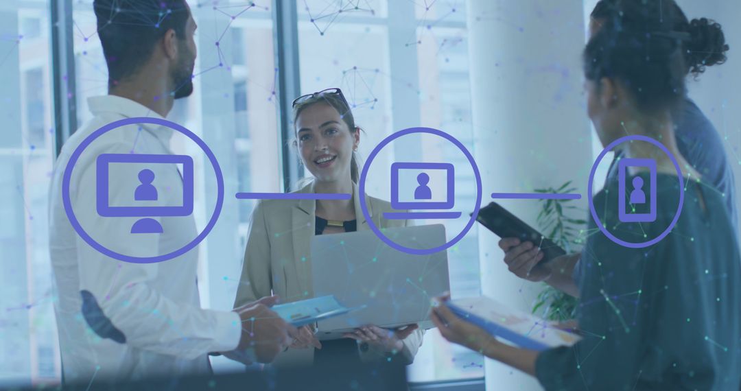 Diverse Team Engaged in Office Meeting with Digital Overlay