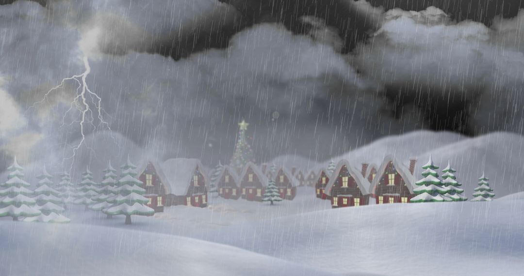 Snowy Christmas Village in a Storm with Lightning