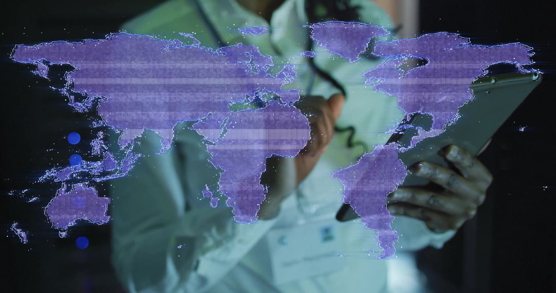 Technologist Interacting with Digital World Map in Data Center