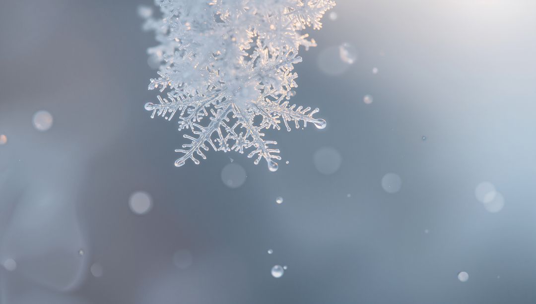 Macro snowflake crystal showing intricate dendrite arms, melting droplets and soft bokeh light
