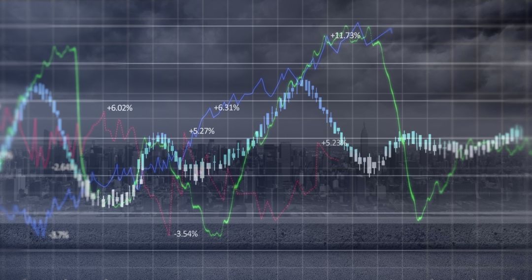 Cityscape with Digital Stock Market Graphs and Statistics