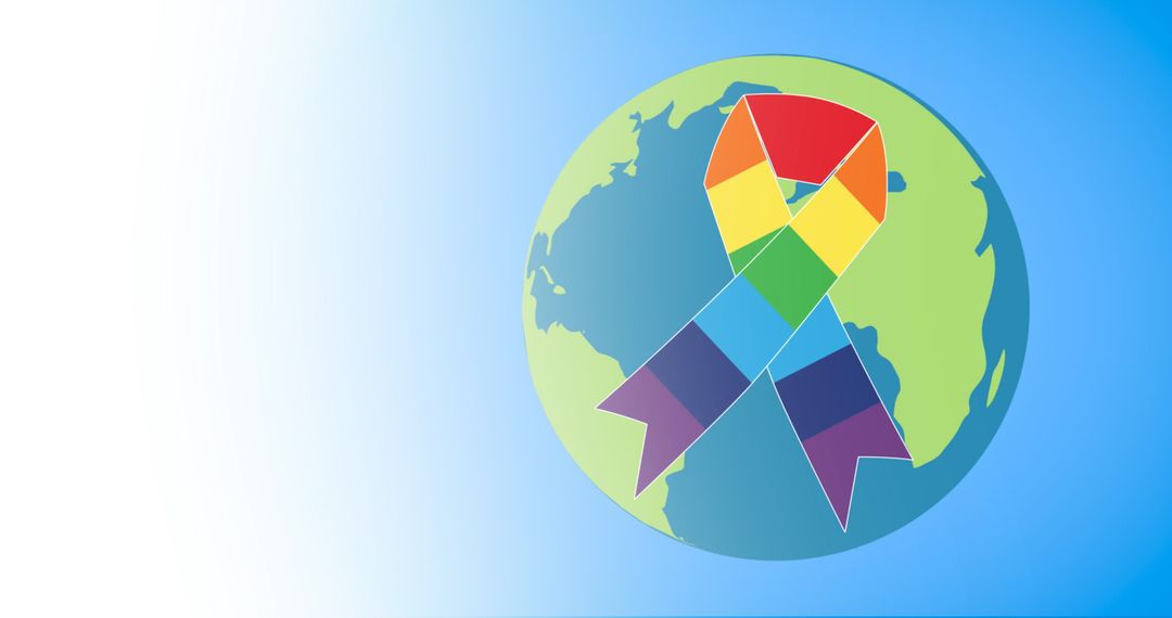 Rainbow Ribbon on Globe with Blue Gradient Background