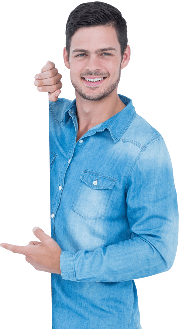 Smiling man pointing, casual communication, transparent background