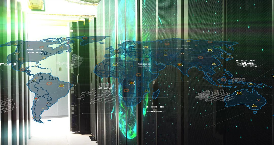 Digital Interface and Global Connections in Modern Server Room