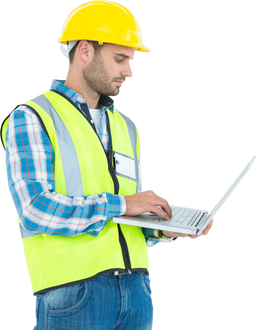 Transparent Construction Worker Using Laptop in Safety Gear