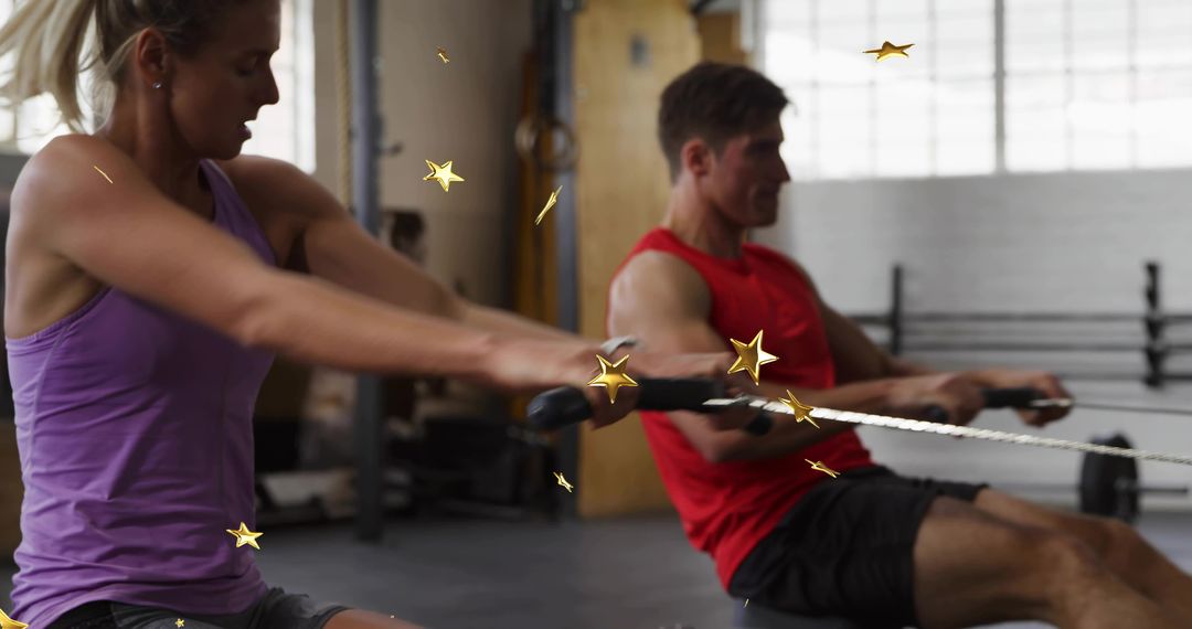Rowing Duo Pulling Ergometer Handles in Industrial Gym During Intense Cardio Training