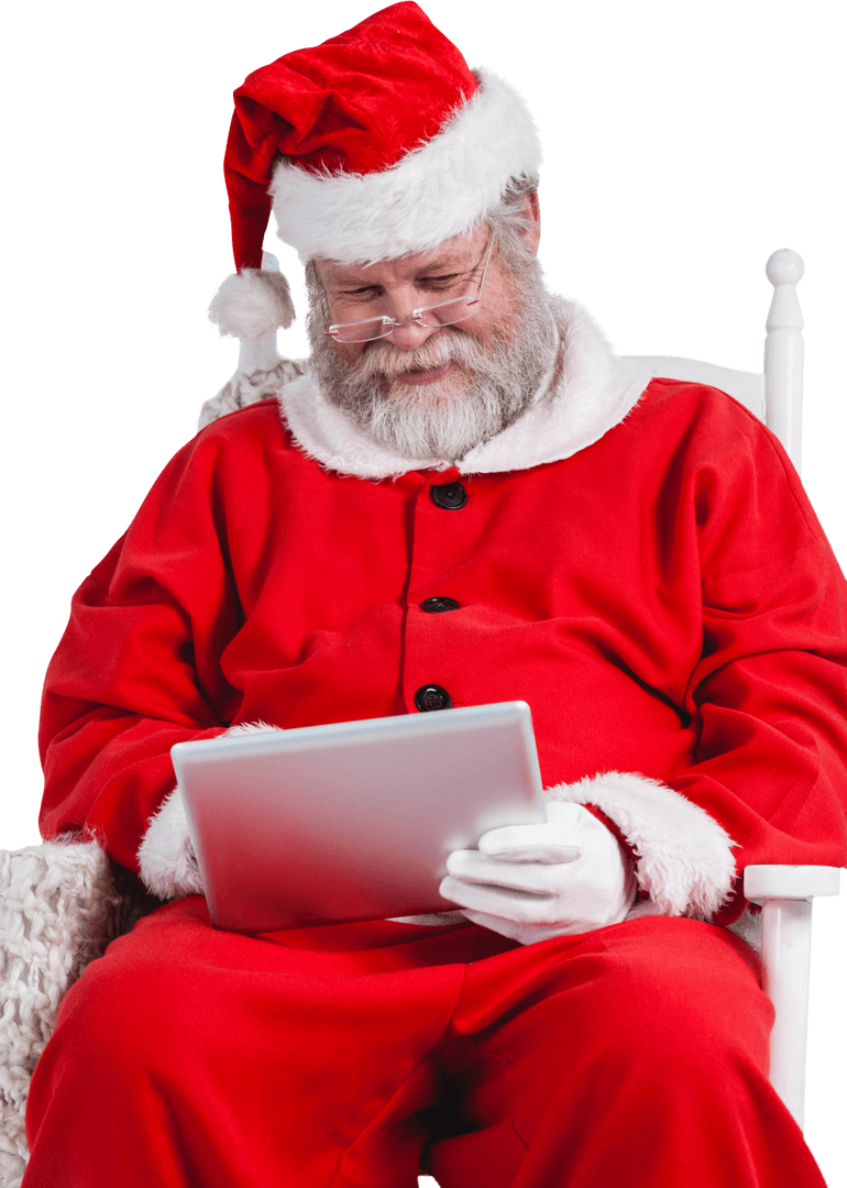 Transparent Santa Claus Using Tablet in Holiday Costume