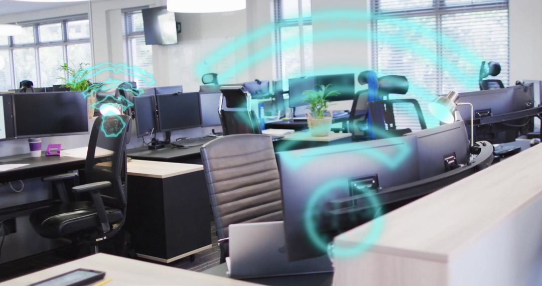 Modern Open Office with Digital Network Holograms Inspirational Workspace