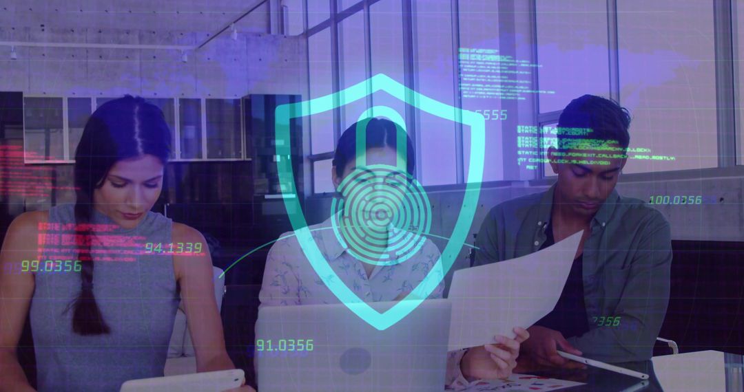 Business Professionals Collaborating with Digital Shield Hologram Symbolizing Cybersecurity