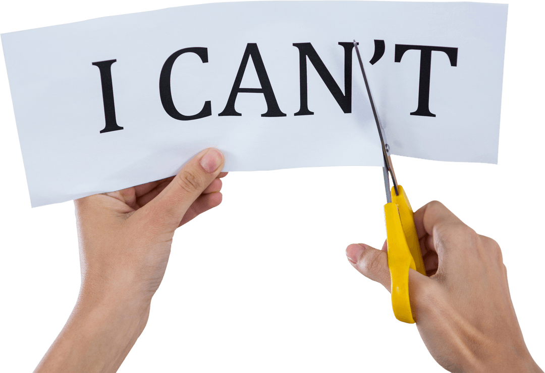 Hands Cutting Paper with 'I Can't' Removing Negative t, Transparent