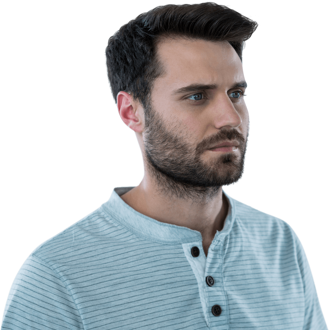Serious Young Man with Pensive Gaze on Transparent Background