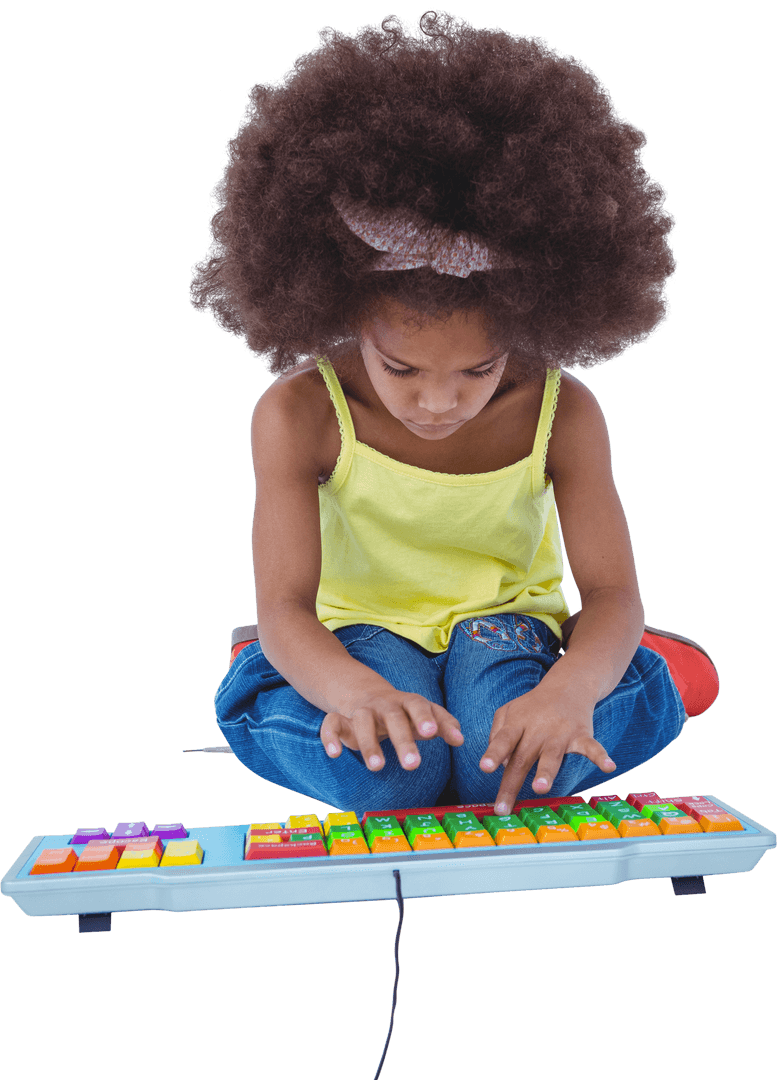 Young Girl with Afro Using Transparent Colorful Electronic Keyboard