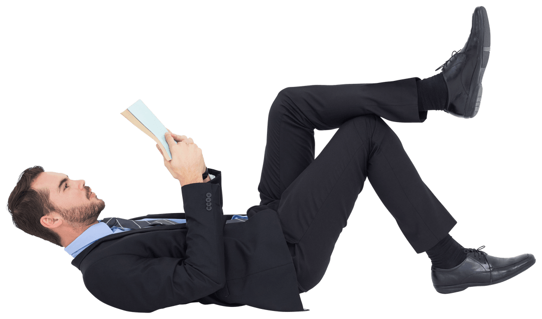Businessman Relaxing and Reading Book On Transparent Background