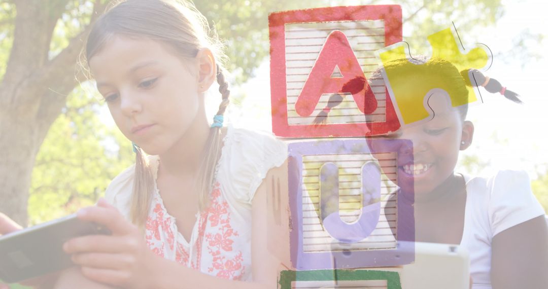Children Learning with Technology and Puzzle Blocks in Park