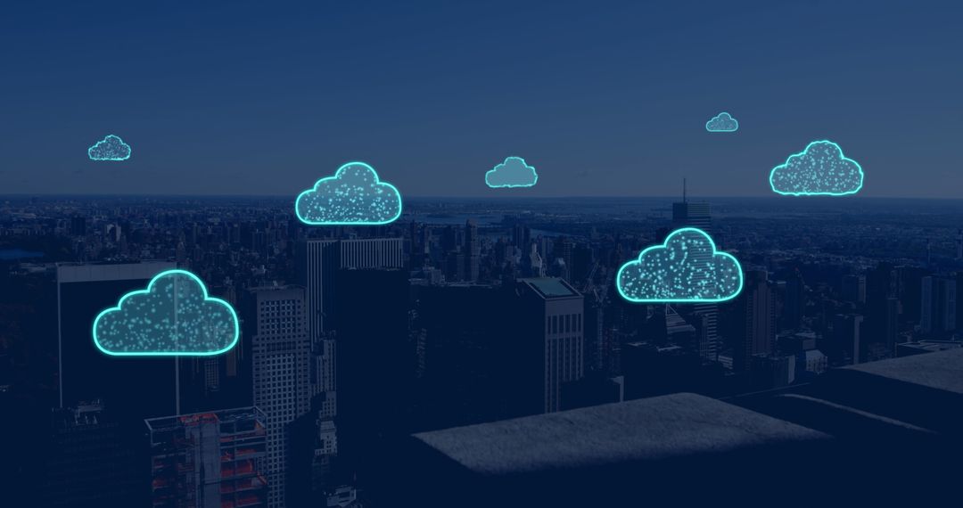 Digital Clouds Illustrating Cloud Computing Over Cityscape