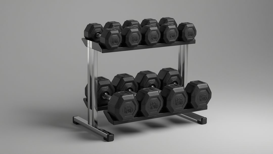 Rubber Hex Dumbbells on Metal Rack in Studio