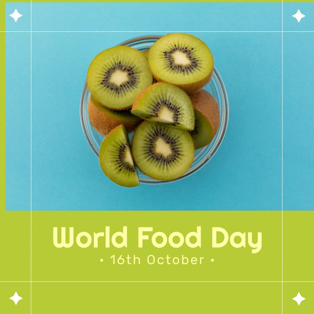 Image of world food day over blue and green background with kiwi - Download Free Stock Templates Pikwizard.com