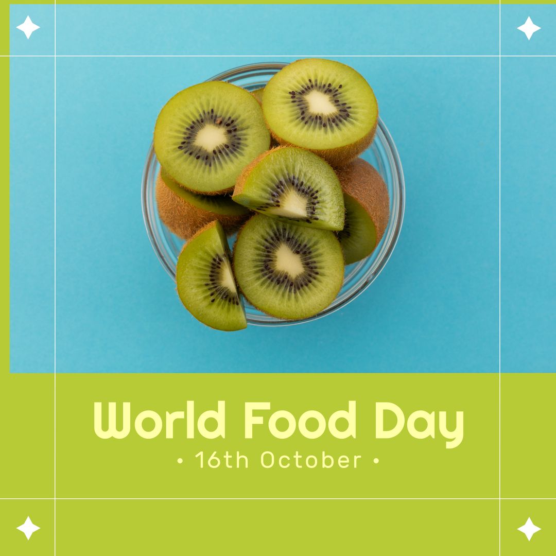 World Food Day Celebration with Fresh Kiwi Slices on Blue and Green Background - Download Free Stock Templates Pikwizard.com