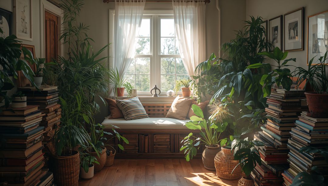 Sunlit Reading Nook with Window Bench, Houseplants and Stacked Books for Cozy Interiors