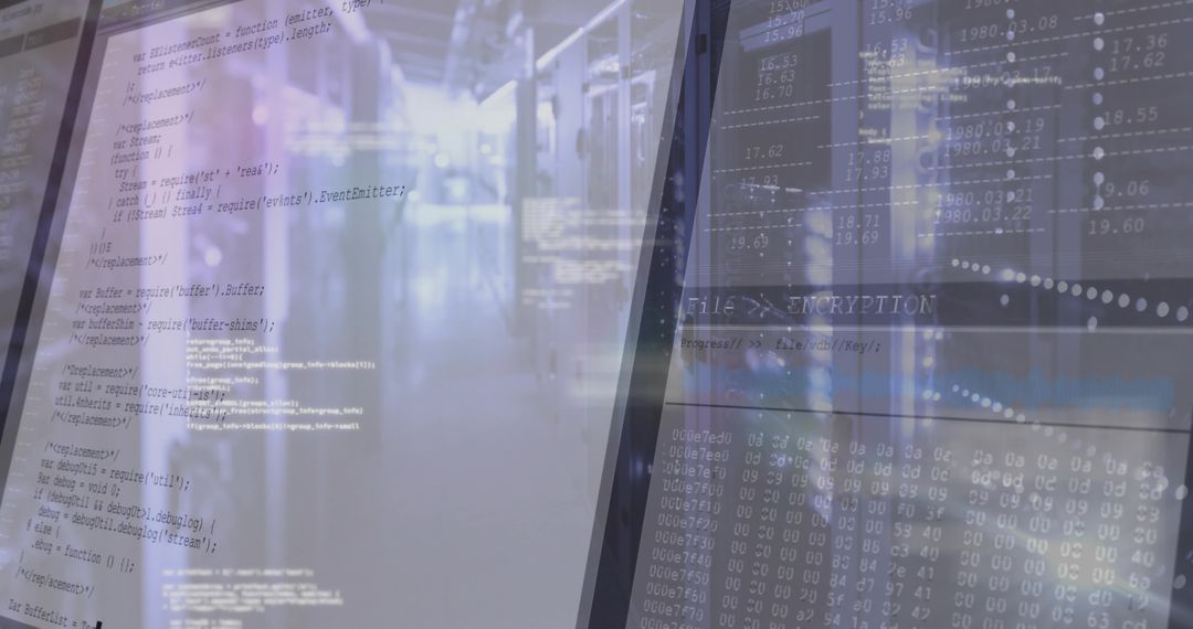 Futuristic Data Center With Encryption Code Overlay