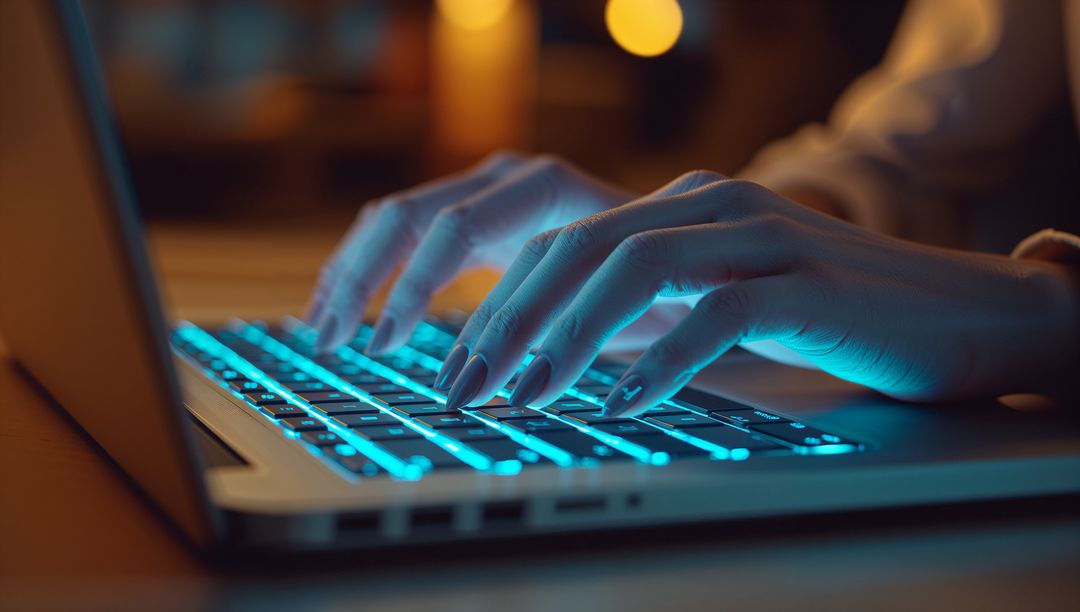 Manicured Hands Typing with Modern Laptop Glowing Blue