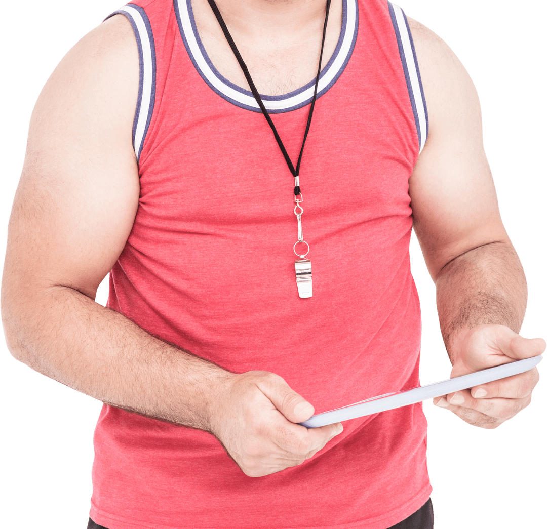 Athlete Holding Digital Tablet on Transparent Background