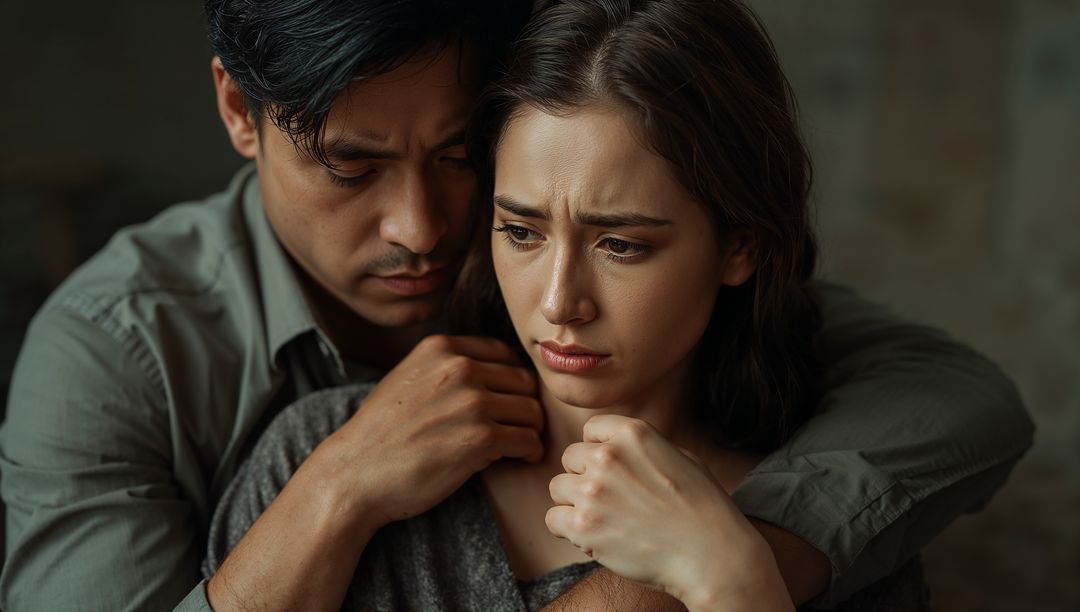 Couple Sitting in Worry, Embracing While Showing Concerned Expressions