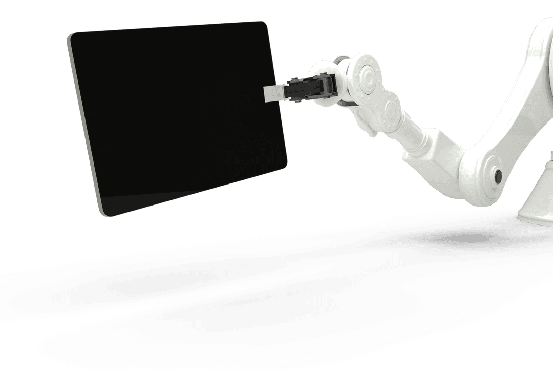 Transparent Robotic Arm Grasping Digital Tablet Display