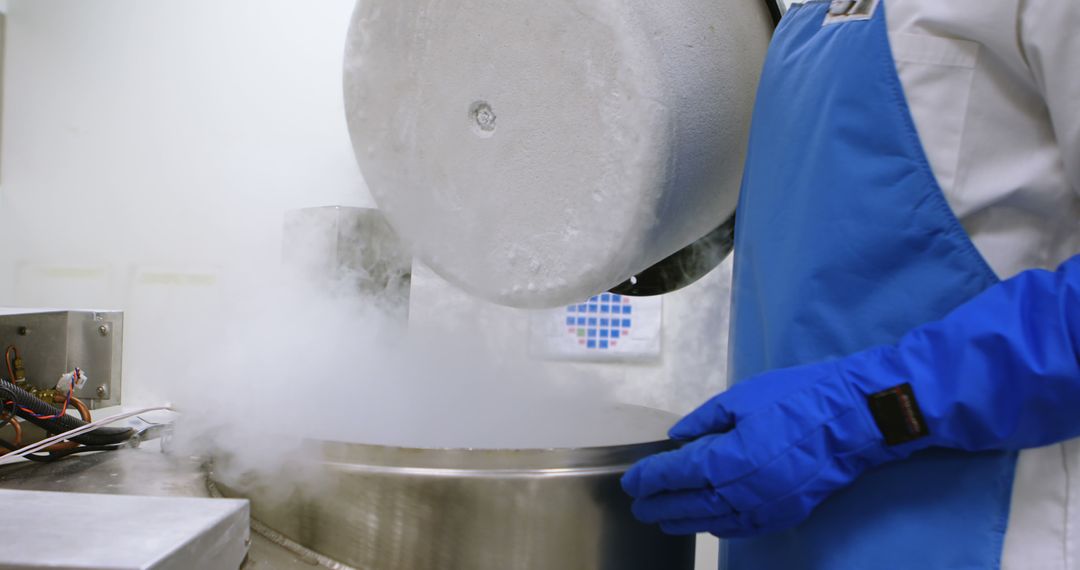 Worker Pouring Liquid Nitrogen into Metal Container in Laboratory - Free Images, Stock Photos and Pictures on Pikwizard.com