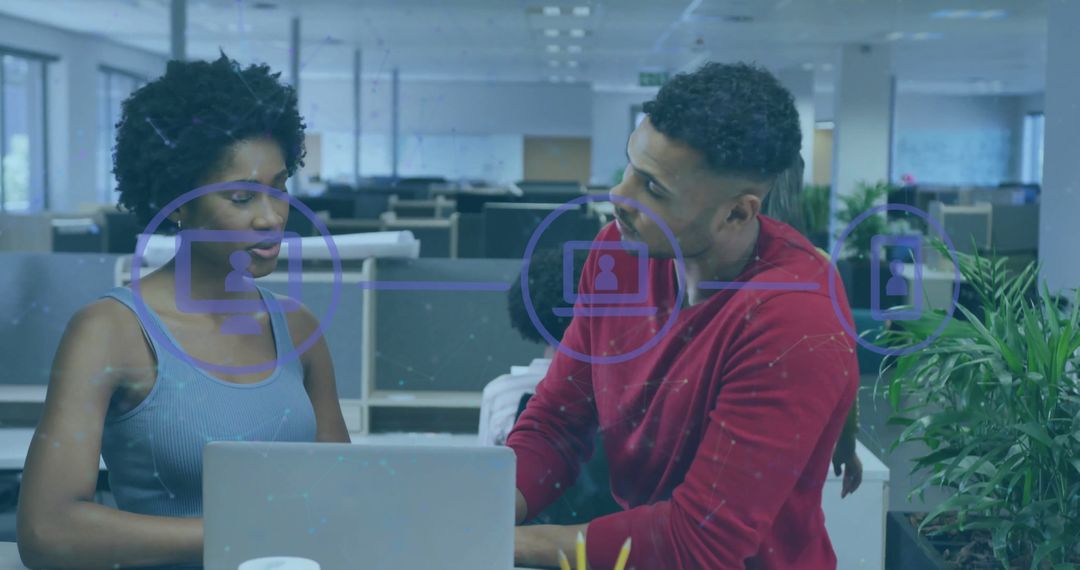 Collaborative Discussion in Modern Office with Digital Interface Overlay