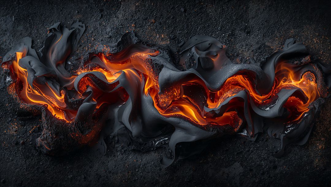 Dynamic Lava Flow Amidst Charcoal Vulcanian Texture