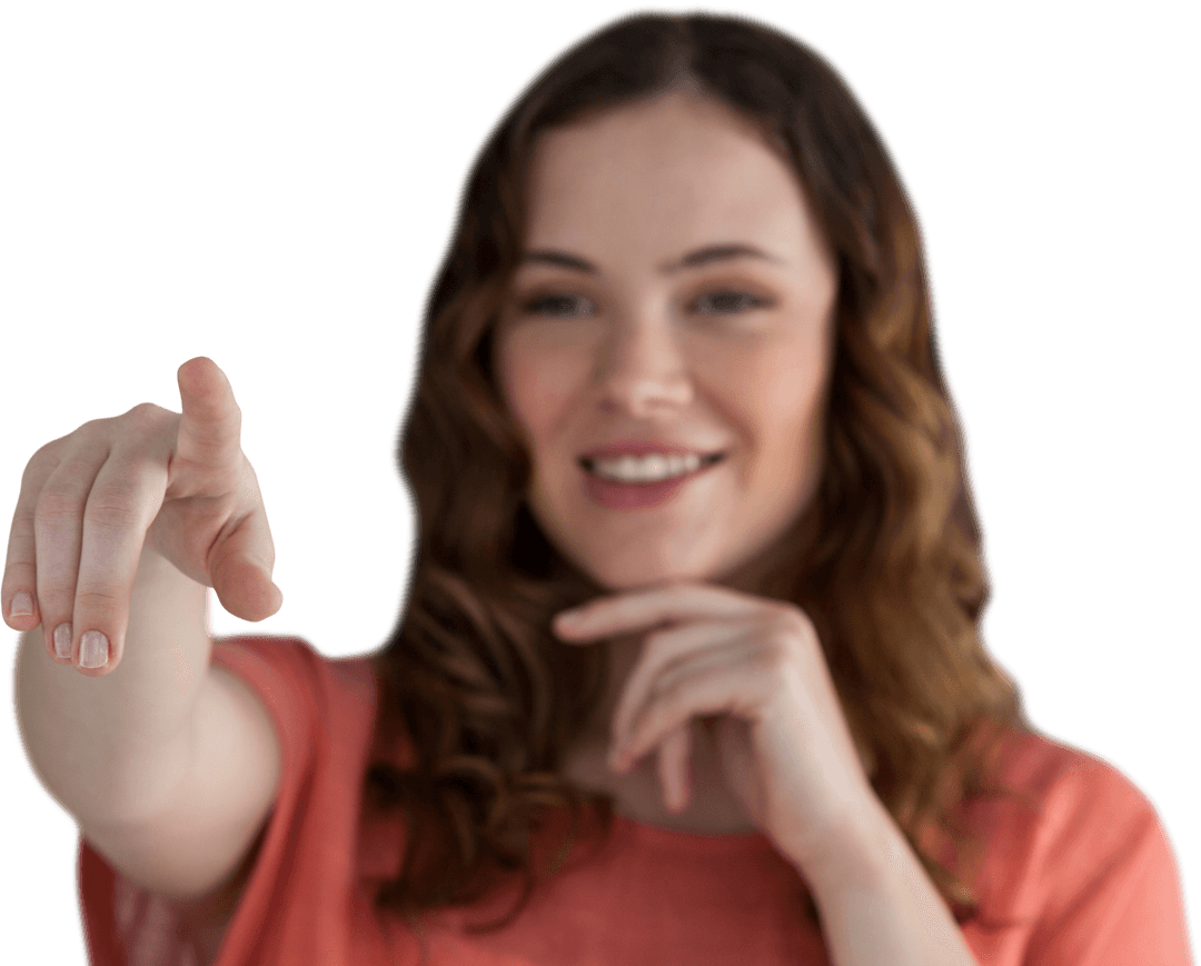 Smiling Young Woman Pointing with Confidence on Transparent Background