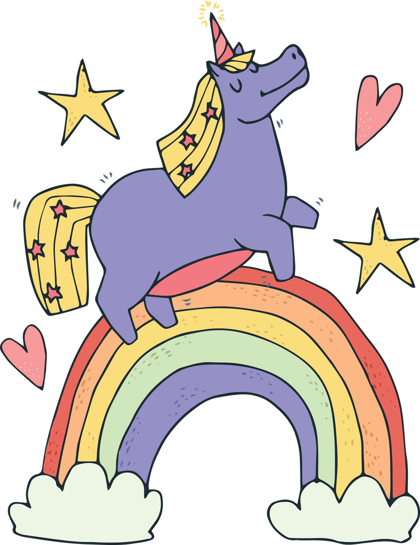 Whimsical Purple Unicorn Prancing on Rainbow Illustration
