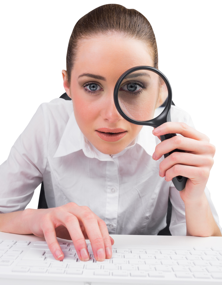 Young Woman Looking Through Magnifying Glass While Typing on Keyboard Transparent Background - Download Free Stock Images Pikwizard.com