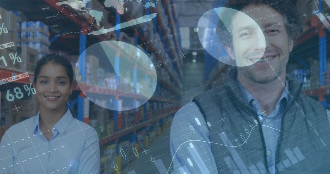 Global Logistics Insights with Diverse Warehouse Team and Analytics Overlay