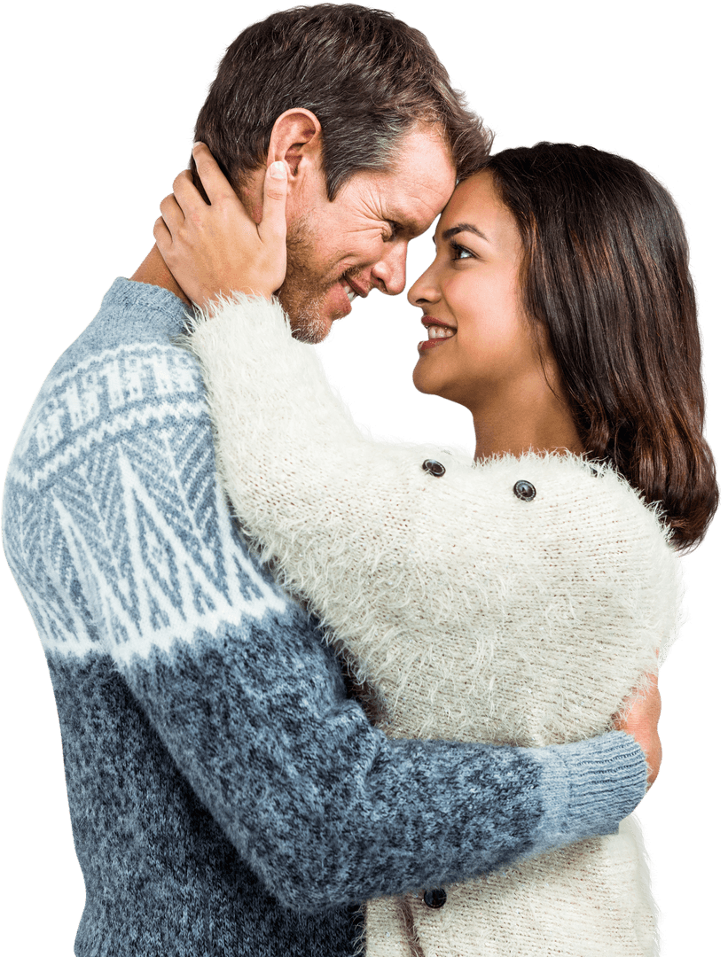 Romantic Couple in Warm Winter Clothing with Transparent Background