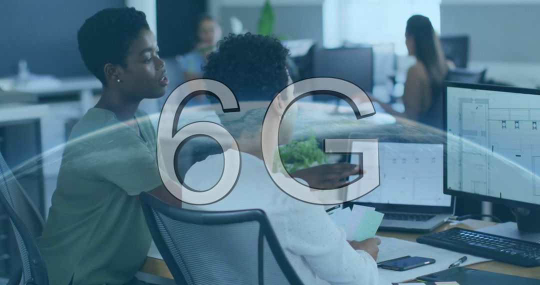 Two Professionals Discussing Technology with 6G Overlay