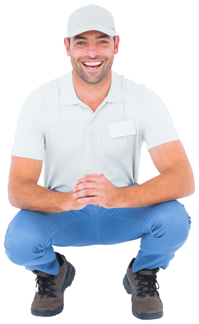 Cheerful Man in Uniform Fully Transparent Kneeling Posture Isolated