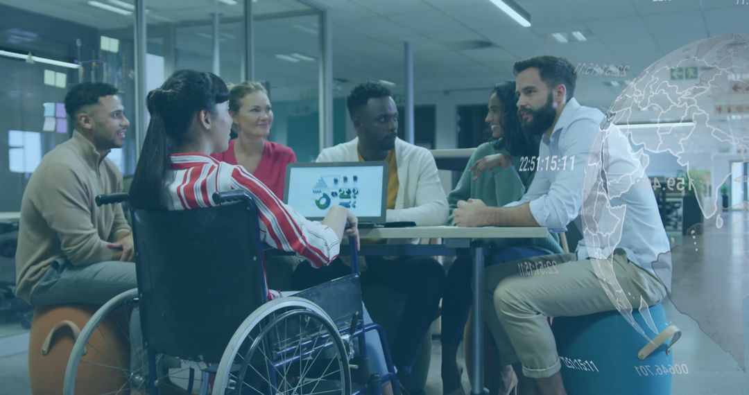 Diverse Team Brainstorming in Modern Office Space with Digital Overlay