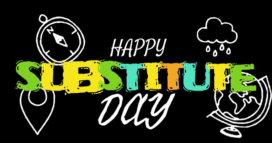 Happy Substitute Day with School Icons on Blackboard Background